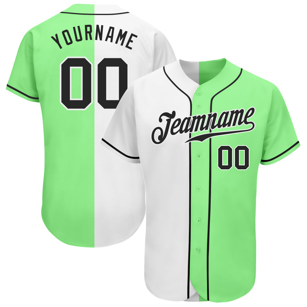 Custom Pea Green Black-White Authentic Split Fashion Baseball Jersey Pea Green Black-White Authentic Split Fashion Baseball Jersey - Custom Design Custom Pea Green Black-White Authentic Split