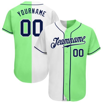 Pea Green Navy-White Authentic Split Fashion Baseball Jersey - Custom Design Custom Pea Green Navy-White Authentic Split