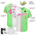 Authentic Split Fashion Baseball Jersey in Custom Pea Green and Pink-White Custom Pea Green Pink-White Authentic Split Fashion