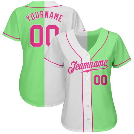 Authentic Split Fashion Baseball Jersey in Custom Pea Green and Pink-White Custom Pea Green Pink-White Authentic Split Fashion