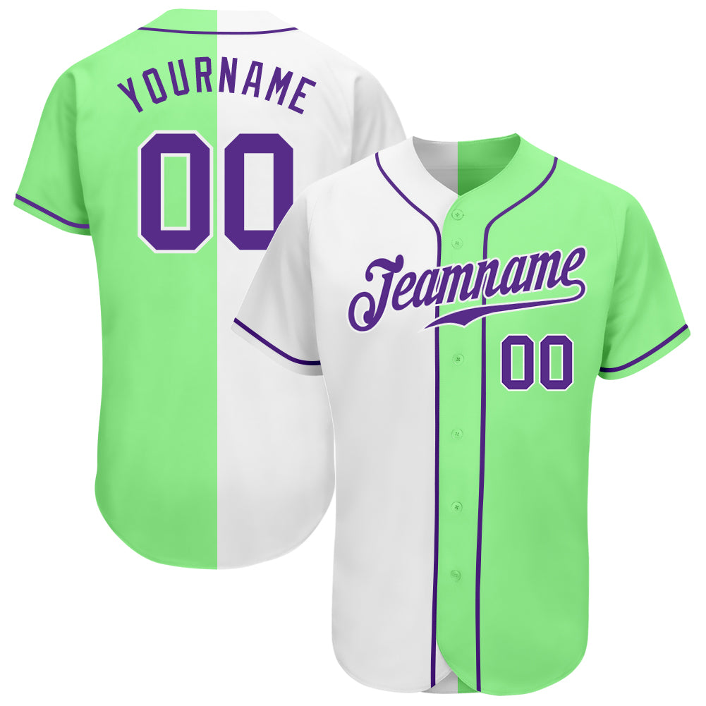 Custom Split Fashion Baseball Jersey in Pea Green, Purple & White - Authentic Design Custom Pea Green Purple-White Authentic
