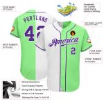 Custom Split Fashion Baseball Jersey in Pea Green, Purple & White - Authentic Design Custom Pea Green Purple-White Authentic