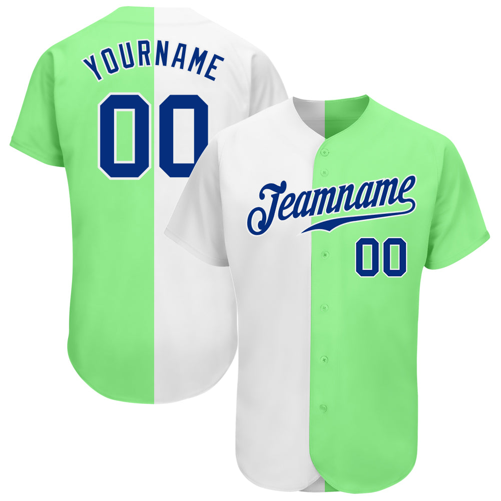 Custom Pea Green Royal-White Authentic Split Fashion Baseball Jersey Pea Green White Custom Authentic Split Fashion Baseball Jersey Custom Pea Green Royal-White Authentic Split Fashion Baseball