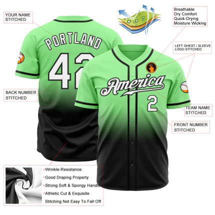 Custom Pea Green Baseball Jersey Authentic Fade White-Black Fashion Custom Pea Green White-Black Authentic Fade Fashion Baseball