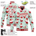 Custom Pea Green Red White 3D Varsity Letterman Bomber Jacket - Full-Snap Christmas Style Custom Pea Green White-Red Christmas