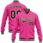 Custom Pink Black Cream Varsity Letterman Bomber Jacket Full-Snap Custom Pink Black-Cream Bomber Full-Snap Varsity Letterman