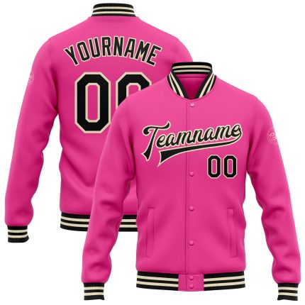 Custom Pink Black Cream Varsity Letterman Bomber Jacket Full-Snap Custom Pink Black-Cream Bomber Full-Snap Varsity Letterman