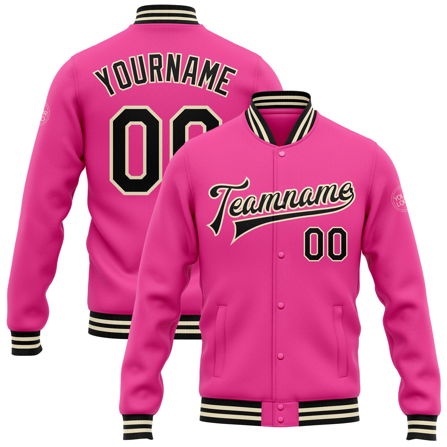 Custom Pink Black Cream Varsity Letterman Bomber Jacket Full-Snap Custom Pink Black-Cream Bomber Full-Snap Varsity Letterman
