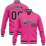 Custom Pink Black White Varsity Letterman Jacket Full-Snap Bomber Custom Pink Black-White Bomber Full-Snap Varsity Letterman