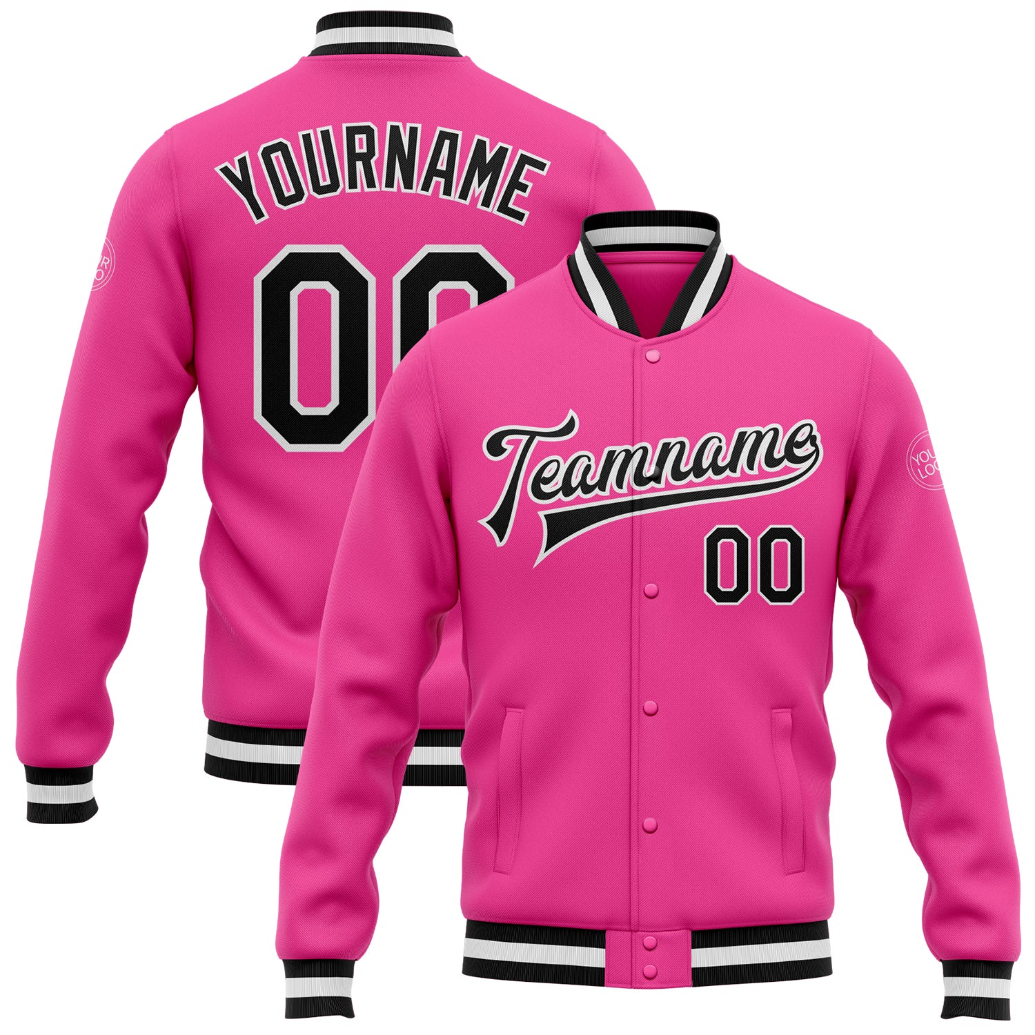 Custom Pink Black White Varsity Letterman Jacket Full-Snap Bomber Custom Pink Black-White Bomber Full-Snap Varsity Letterman