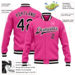 Custom Pink Black White Varsity Letterman Jacket Full-Snap Bomber Custom Pink Black-White Bomber Full-Snap Varsity Letterman