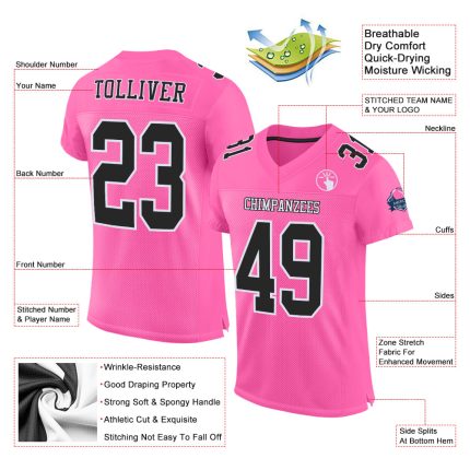 Custom Authentic Football Jersey - Pink Black White Mesh Design Custom Pink Black-White Mesh Authentic Football Jersey