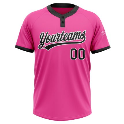 Custom pink, black and white softball jersey, back view