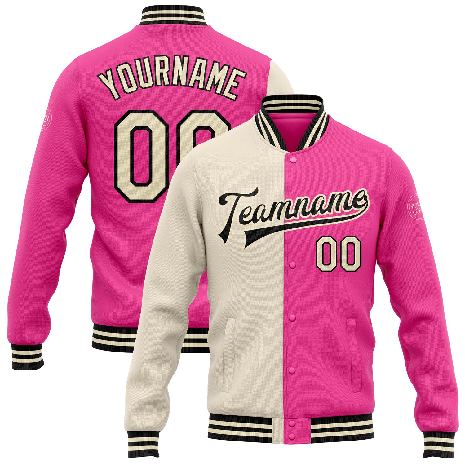 Custom Pink Cream Black Varsity Jacket Bomber Full-Snap Fashion Letterman Split Custom Pink Cream-Black Bomber Full-Snap