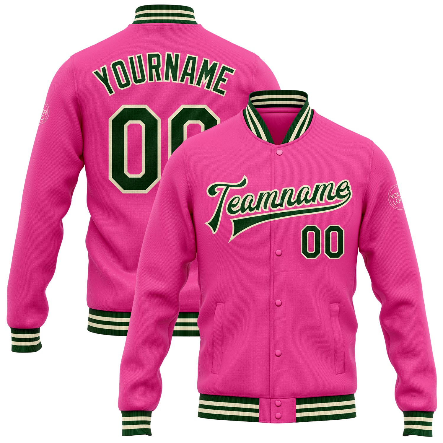 Custom Pink Green Cream Bomber Varsity Jacket Full-Snap Letterman Style Custom Pink Green-Cream Bomber Full-Snap Varsity