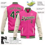 Custom Pink Green Cream Two-Tone Varsity Letterman Bomber Jacket Full Snap Custom Pink Green-Cream Bomber Full-Snap Varsity