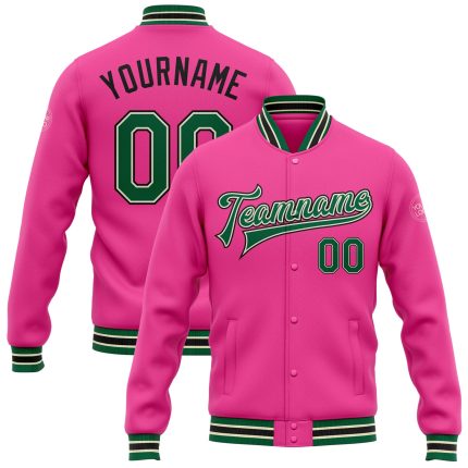 Custom Pink Kelly Green Cream Black Varsity Letterman Bomber Jacket Full-Snap Custom Pink Kelly Green Cream-Black Bomber