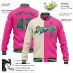 Custom Bomber Varsity Jacket in Pink, Kelly Green, Cream, and Black - Full-Snap Split Fashion Design Custom Pink Kelly Green
