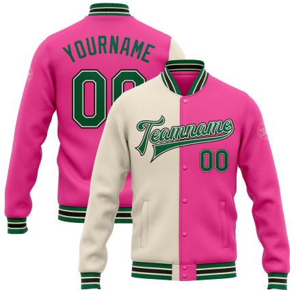 Custom Bomber Varsity Jacket in Pink, Kelly Green, Cream, and Black - Full-Snap Split Fashion Design Custom Pink Kelly Green