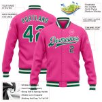 Custom Pink Green White Varsity Letterman Bomber Jacket Full-Snap Design Custom Pink Kelly Green-White Bomber Full-Snap Varsity