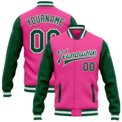 Custom pink, green and white two-tone varsity letterman jacket