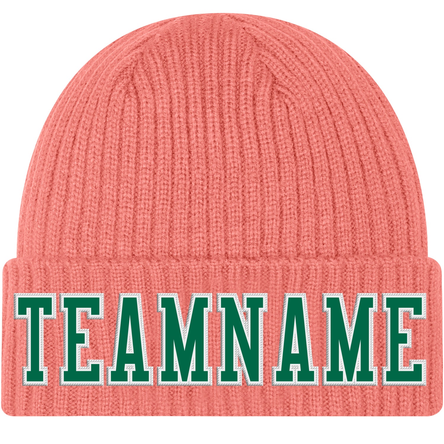 Custom Pink Green White Knit Hat Cuffed Beanie with Stitched Design Custom Pink Kelly Green-White Stitched Cuffed Knit Hat
