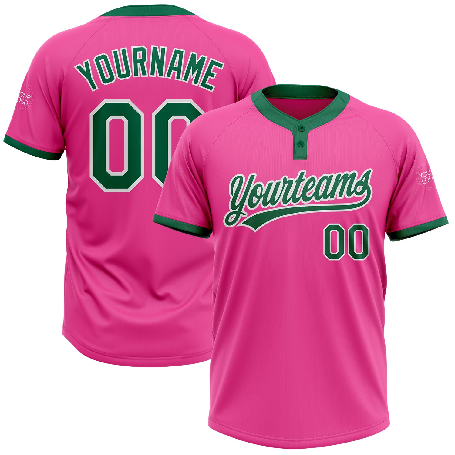 Custom Pink Kelly Green White Softball Jersey Unisex Two-Button Design Custom Pink Kelly Green-White Two-Button Unisex Softball