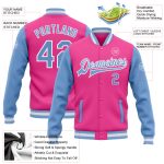 Custom Two Tone Pink Light Blue White Varsity Letterman Bomber Full-Snap Jacket Custom Pink Light Blue-White Bomber Full-Snap