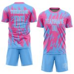 Custom Pink Light Blue White Soccer Jersey Sublimation Uniform for Kids and Adults Custom Pink Light Blue-White Sublimation