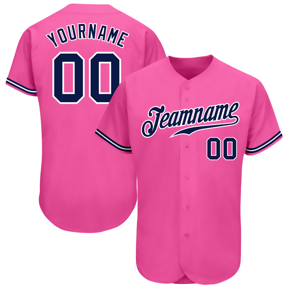 Custom pink, navy and white baseball jersey