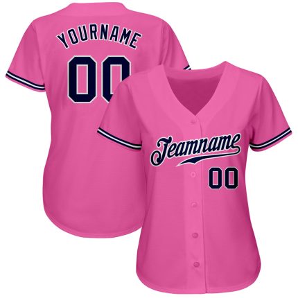 Custom pink, navy and white baseball jersey, back view