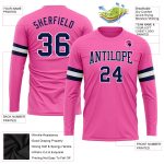 Custom pink, navy and white long sleeve shirt, detail of the printed panel