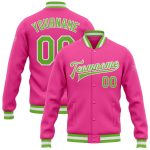 Custom Pink and Green Varsity Letterman Bomber Jacket - Full-Snap Style Custom Pink Neon Green-White Bomber Full-Snap Varsity