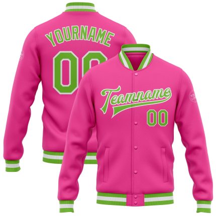 Custom Pink and Green Varsity Letterman Bomber Jacket - Full-Snap Style Custom Pink Neon Green-White Bomber Full-Snap Varsity