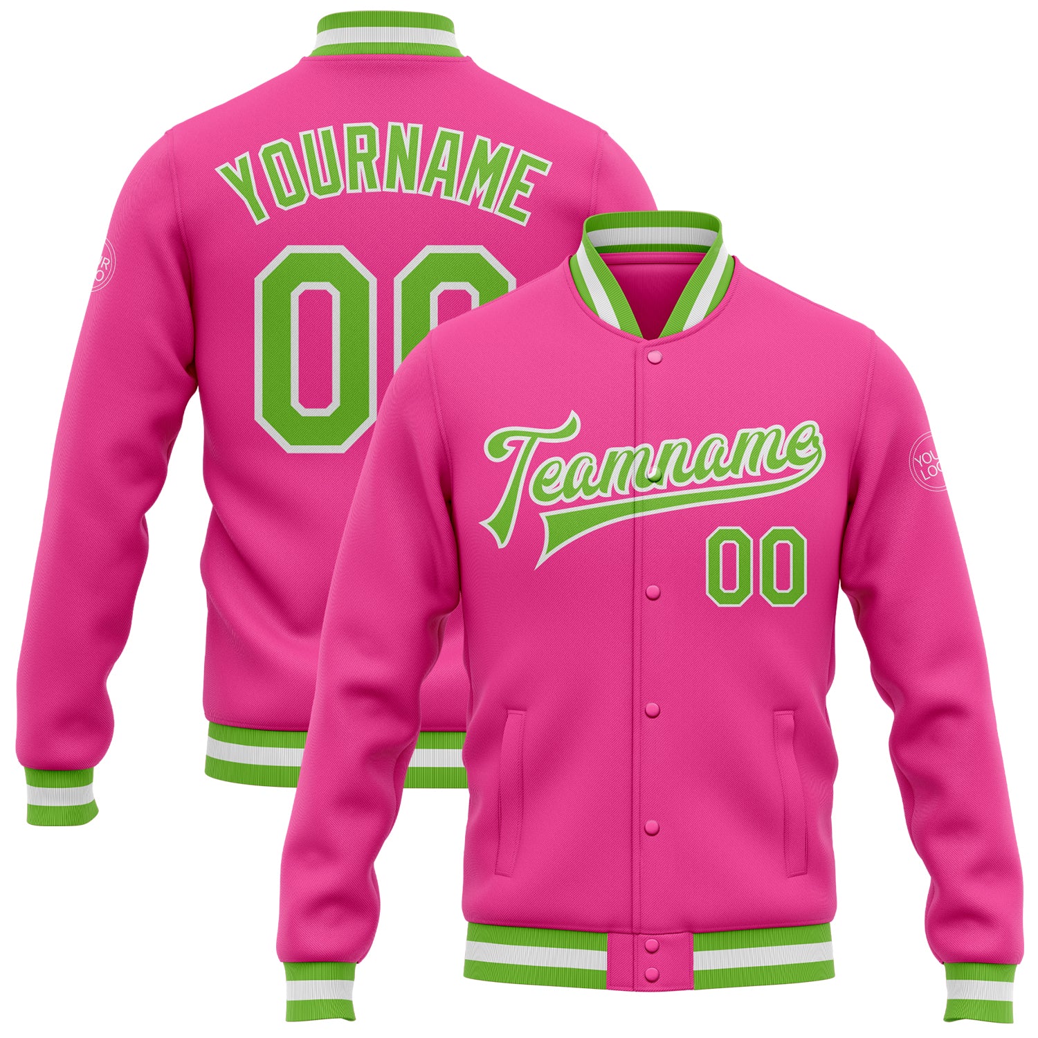 Custom Pink and Green Varsity Letterman Bomber Jacket - Full-Snap Style Custom Pink Neon Green-White Bomber Full-Snap Varsity