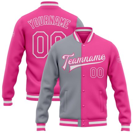 Custom Pink Gray Varsity Letterman Bomber Jacket Full-Snap Fashion Style Custom Pink Pink-Gray Bomber Full-Snap Varsity Letterman