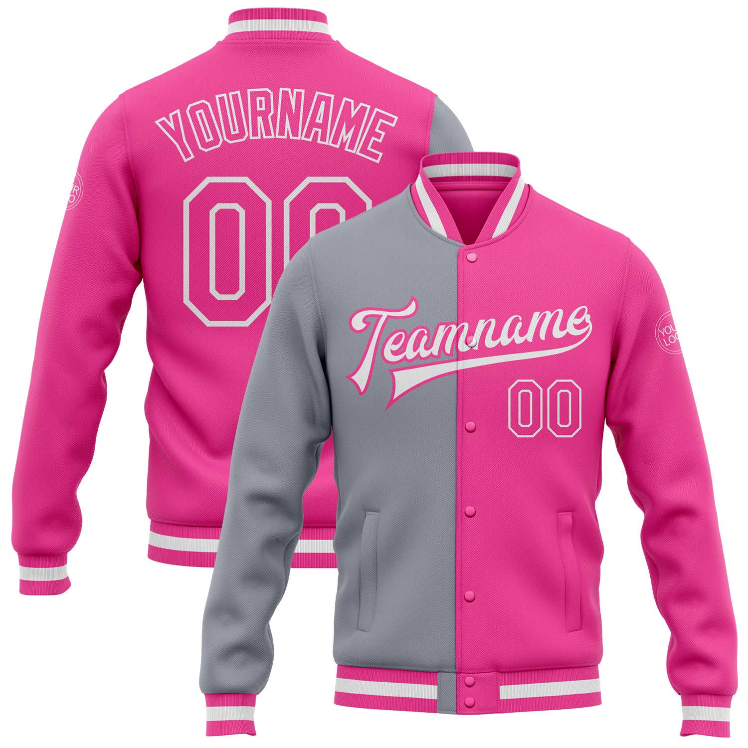 Custom Pink Gray Varsity Letterman Bomber Jacket Full-Snap Fashion Style Custom Pink Pink-Gray Bomber Full-Snap Varsity Letterman