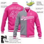 Custom Pink Gray Varsity Letterman Bomber Jacket Full-Snap Fashion Style Custom Pink Pink-Gray Bomber Full-Snap Varsity Letterman
