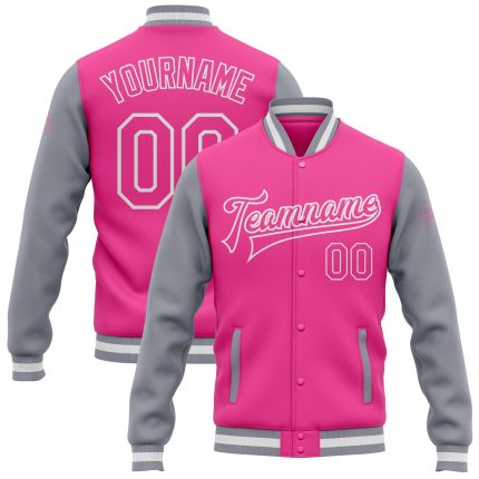 Custom Pink Gray White Bomber Varsity Letterman Two Tone Full-Snap Jacket Custom Pink Pink Gray-White Bomber Full-Snap Varsity