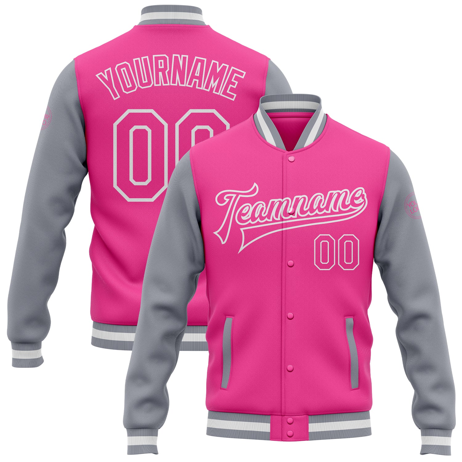 Custom Pink Gray White Bomber Varsity Letterman Two Tone Full-Snap Jacket Custom Pink Pink Gray-White Bomber Full-Snap Varsity