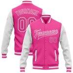 Custom Pink-White Two Tone Bomber Varsity Letterman Jacket - Full-Snap Design Custom Pink Pink-White Bomber Full-Snap Varsity
