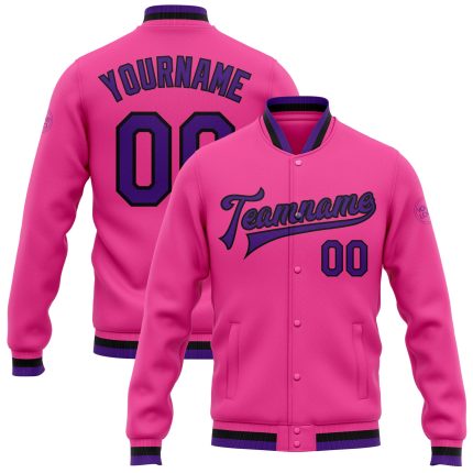 Pink Purple Black Custom Varsity Letterman Bomber Jacket Full-Snap Custom Pink Purple-Black Bomber Full-Snap Varsity Letterman