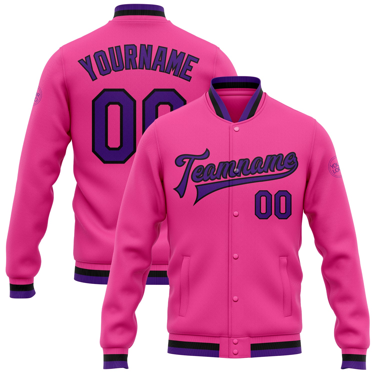 Custom Pink Purple-Black Bomber Full-Snap Varsity Letterman Jacket Pink Purple Black Custom Varsity Letterman Bomber Jacket Full-Snap Custom Pink Purple-Black Bomber Full-Snap Varsity Letterman
