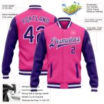 Custom Pink Purple Varsity Letterman Bomber Jacket Full-Snap Two Tone Custom Pink Purple-White Bomber Full-Snap Varsity Letterman