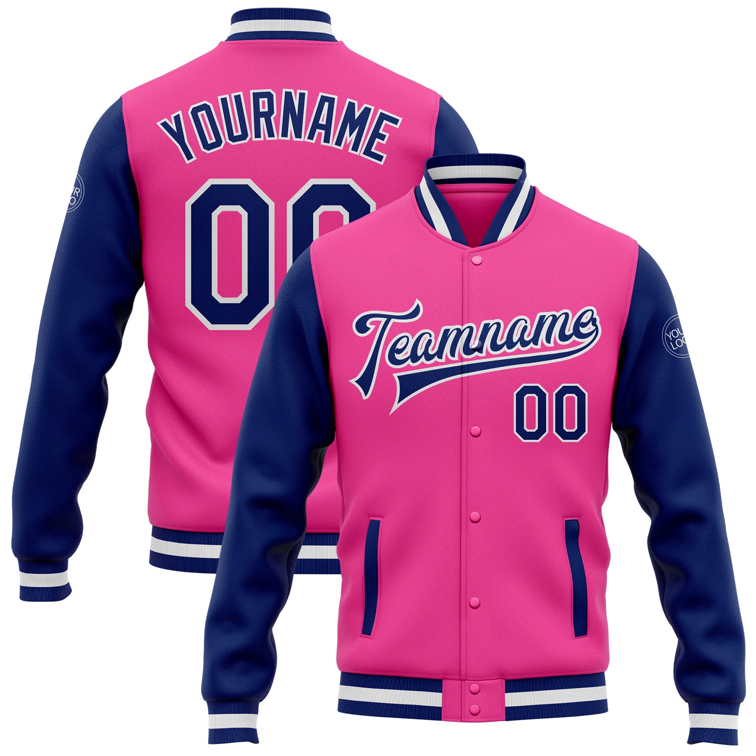 Custom Pink White Two Tone Bomber Varsity Letterman Full-Snap Jacket Custom Pink Royal-White Bomber Full-Snap Varsity Letterman