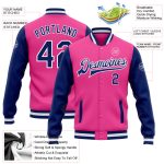Custom Pink White Two Tone Bomber Varsity Letterman Full-Snap Jacket Custom Pink Royal-White Bomber Full-Snap Varsity Letterman