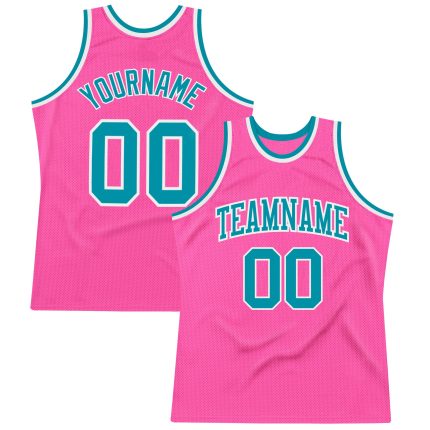 Custom Basketball Jersey - Authentic Pink Teal White Throwback Design Custom Pink Teal-White Authentic Throwback Basketball