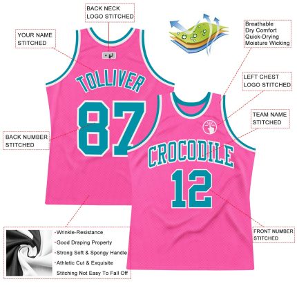 Custom Basketball Jersey - Authentic Pink Teal White Throwback Design Custom Pink Teal-White Authentic Throwback Basketball
