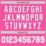 Custom pink and white varsity letterman jacket, flat lay