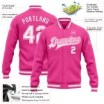 Custom pink and white varsity letterman jacket, detail of the printed panel